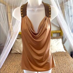 Cache Beaded Gold Halter Top